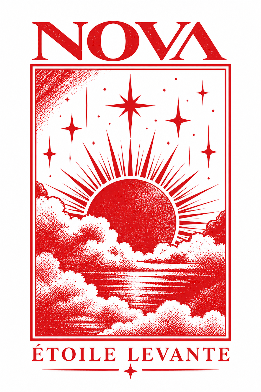 Original Nova artwork with a red rising sun, stars, clouds, and the words Étoile Levante