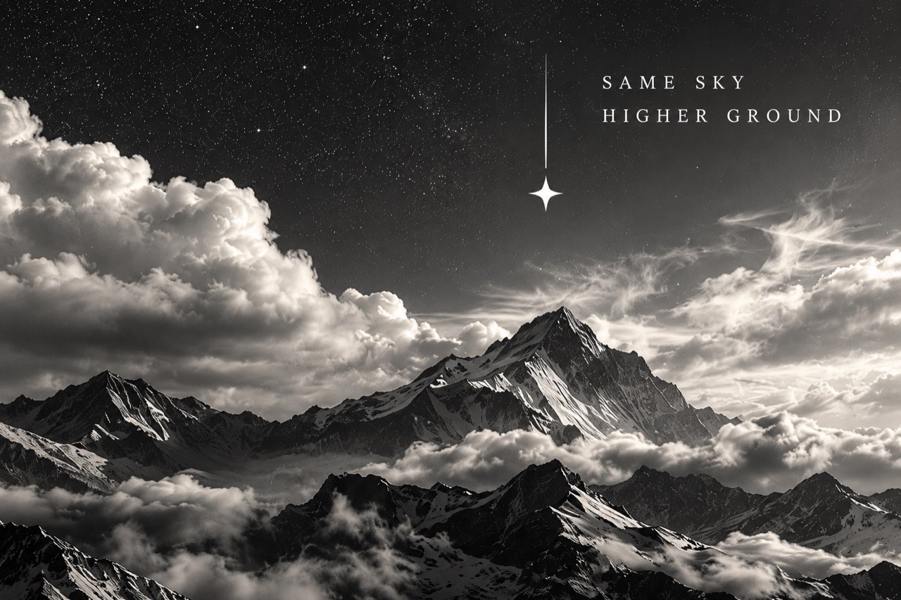 Nova brand artwork: mountains beneath a star-filled sky, with the words Same sky, higher ground.